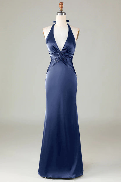 Dusty Sage Satin Sheath Halter Long Bridesmaid Dress