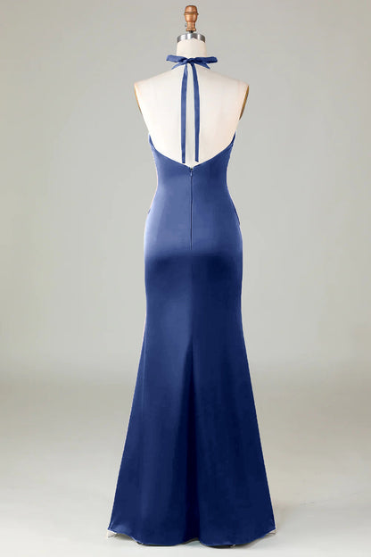Mermaid Halter Dusty Blue Long Satin Bridesmaid Dress