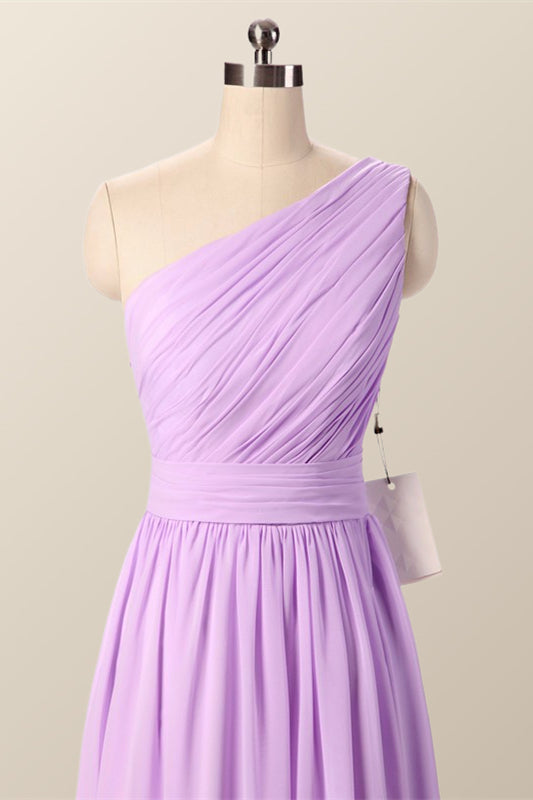 One Shoulder Blush Pink Pleated Long Bridesmaid Dress