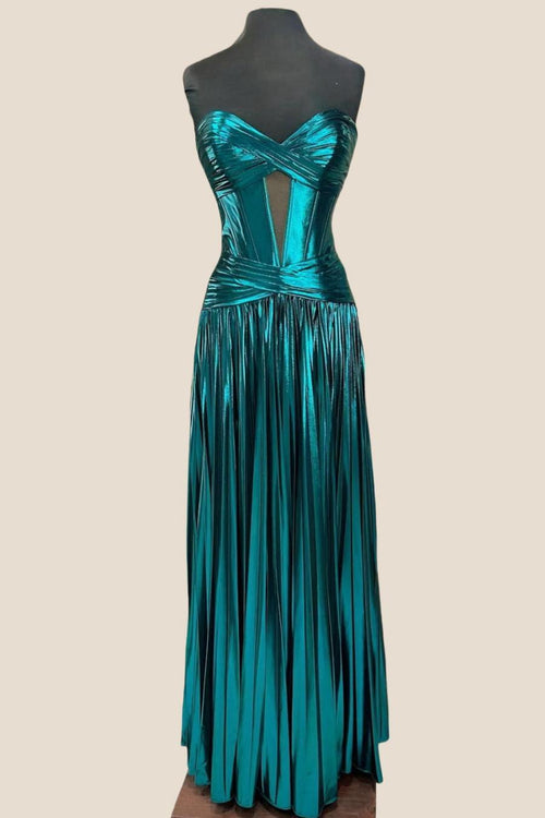 Double Twist Green Pleated Metallic Long Dress