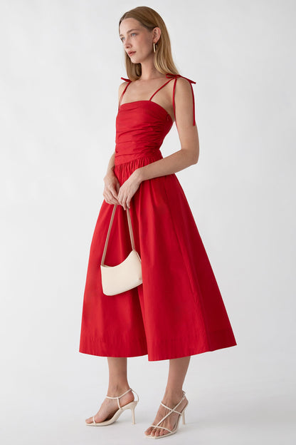 COTTON POPLIN SQUARE NECK MIDI DRESS