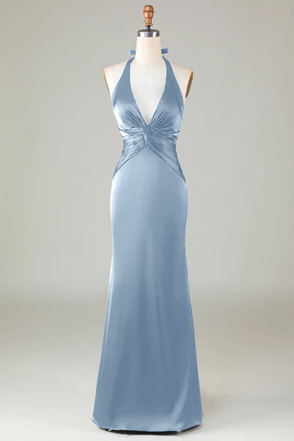 Mermaid Halter Dark Green Long Satin Bridesmaid Dress