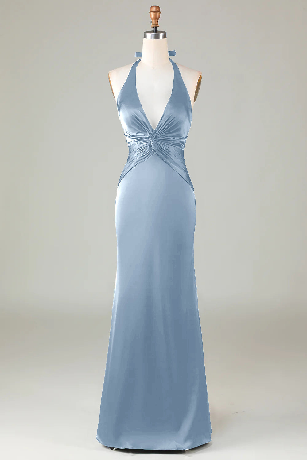 Dusty Sage Satin Sheath Halter Long Bridesmaid Dress