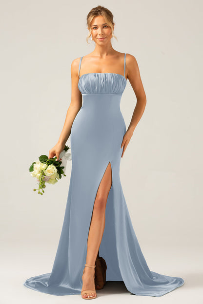Dark Green Mermaid Spaghetti Straps Satin Long Bridesmaid Dress with Pleated