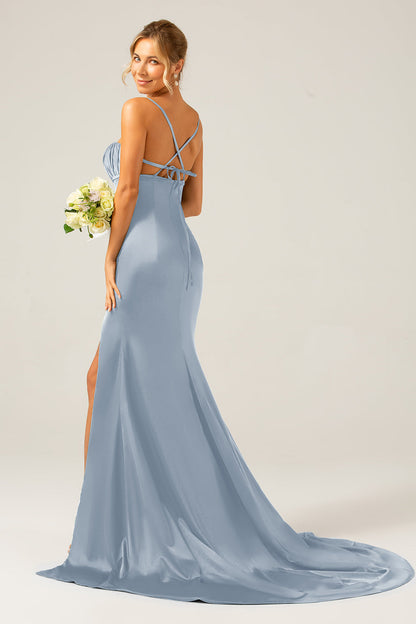Dark Green Mermaid Spaghetti Straps Satin Long Bridesmaid Dress with Pleated