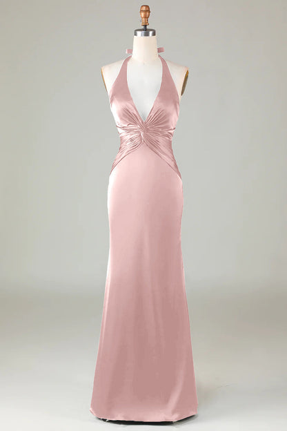 Dusty Sage Satin Sheath Halter Long Bridesmaid Dress