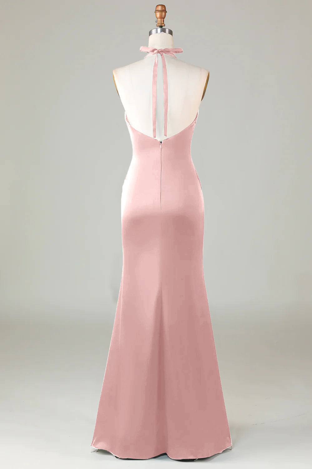 Dusty Sage Satin Sheath Halter Long Bridesmaid Dress