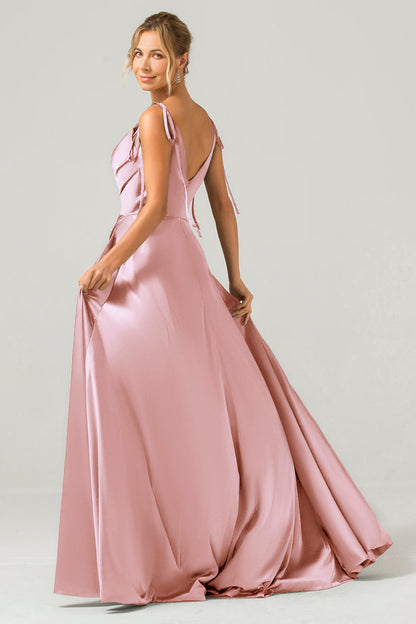Royal Blue A-Line Spaghetti Straps Ruched Long Bridesmaid Dress with Slit