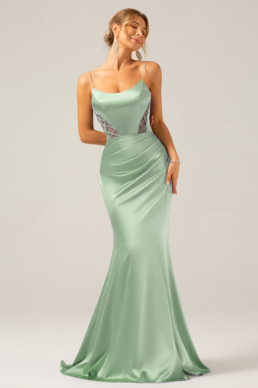 Mermaid Grey Blue Satin Spaghetti Straps Pleated Maxi Dress