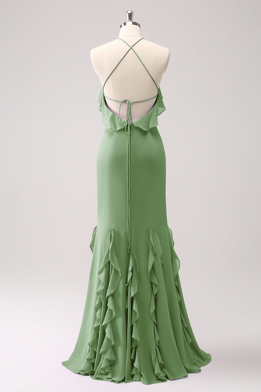 Tahiti Mermaid Halter Chiffon Long Bridesmaid Dress with Ruffles