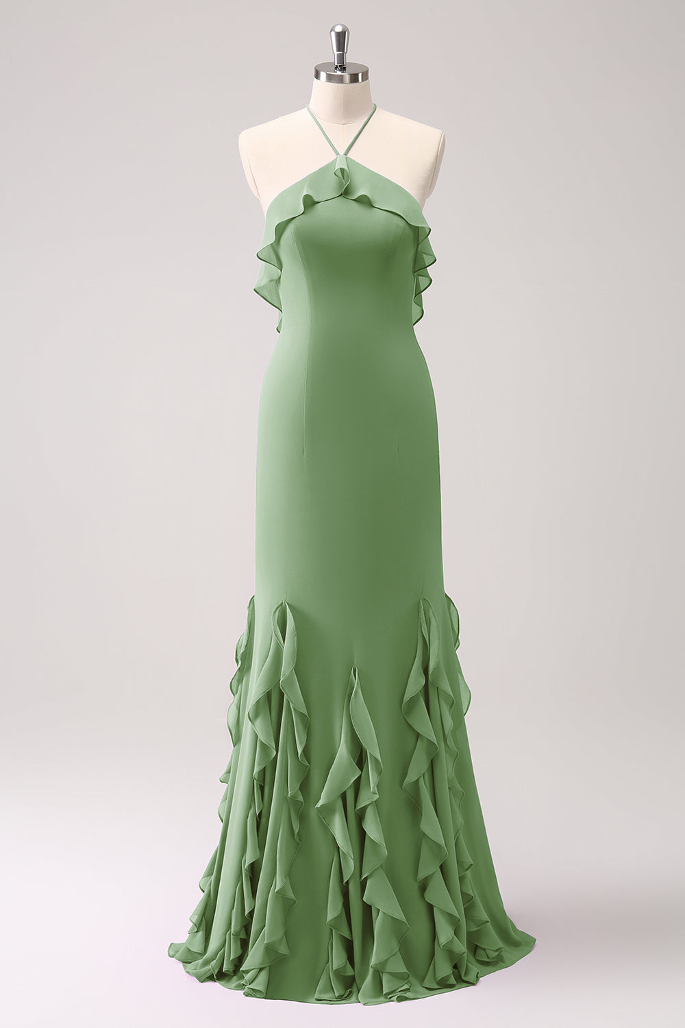 Tahiti Mermaid Halter Chiffon Long Bridesmaid Dress with Ruffles