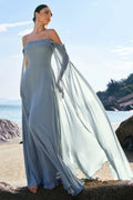 Dusty Blue Cold Shoulder A-Line Long Bridesmaid Dress with Detachable Sleeves