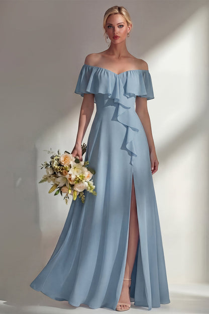 Off the Shoulder A Line Ruffled Sage Green Long Beach Bridesmaid Dress with Slit