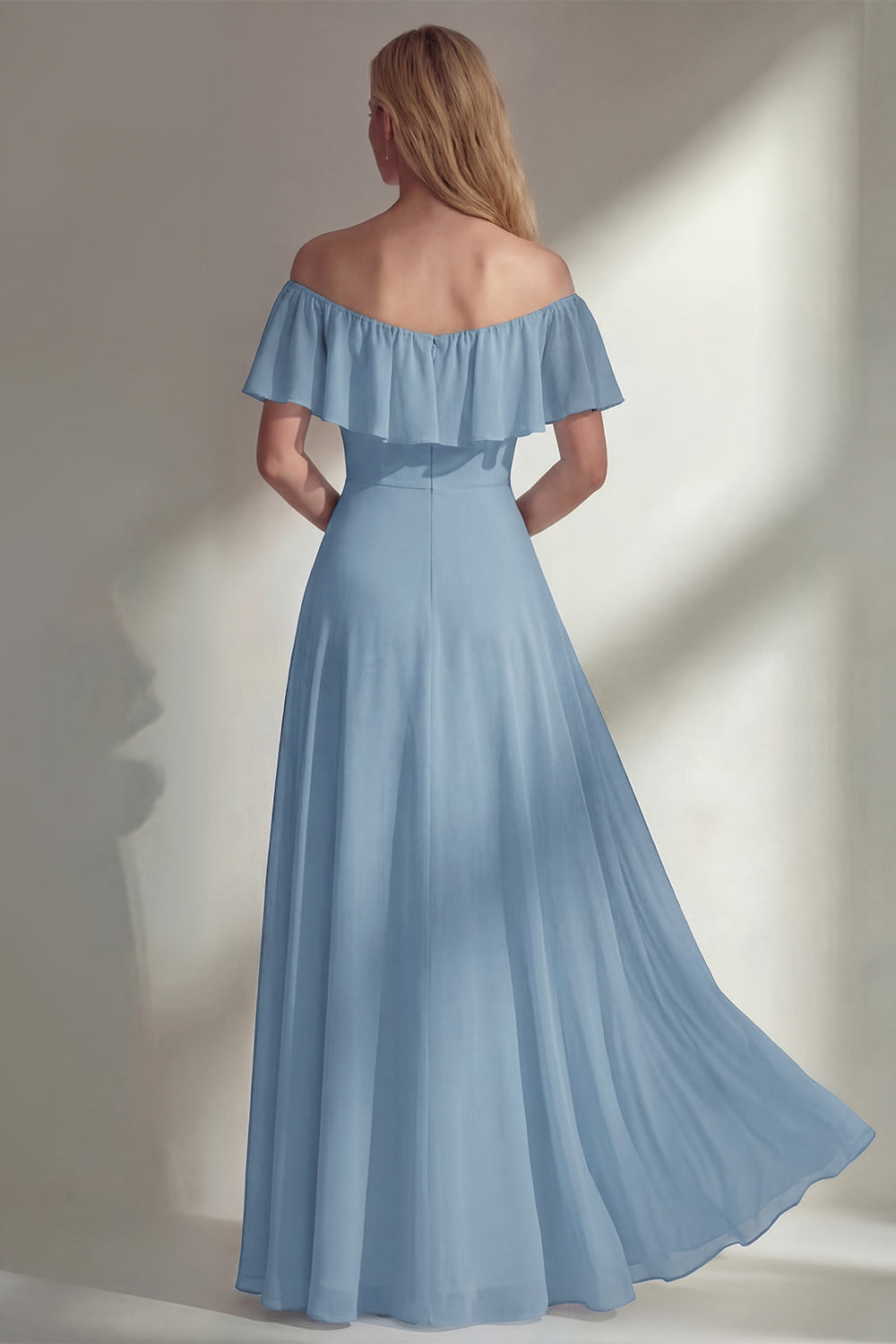 Off the Shoulder A Line Ruffled Sage Green Long Beach Bridesmaid Dress with Slit