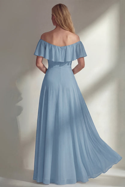 Off the Shoulder A Line Ruffled Sage Green Long Beach Bridesmaid Dress with Slit