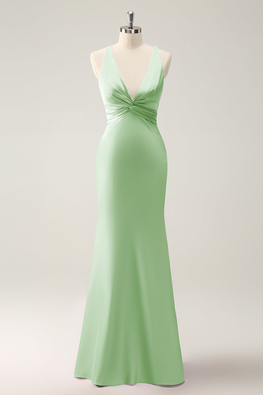 Dusty Blue Mermaid V Neck Satin Long Bridesmaid Dress