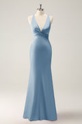 Dusty Blue Mermaid V Neck Satin Long Bridesmaid Dress