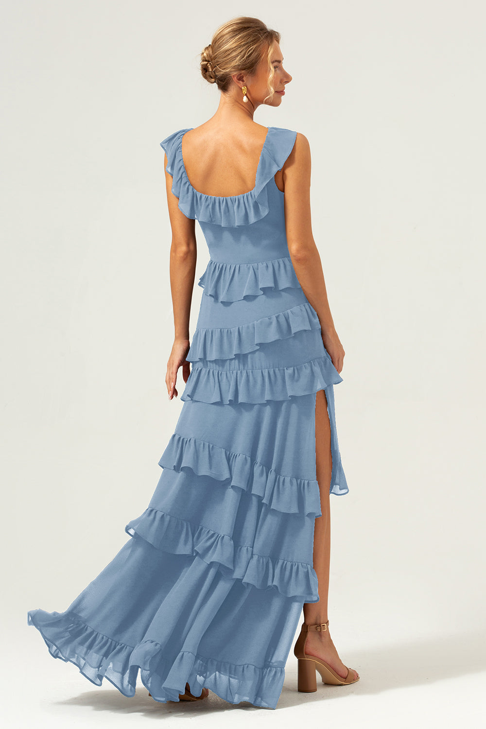 Dark Navy A-Line Ruffleed Chiffon Long Bridesmaid Dress with Slit
