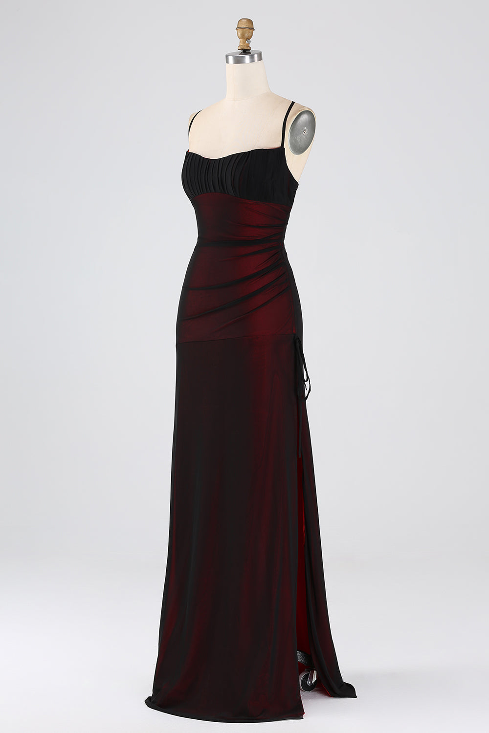 Black Red Spaghetti Straps Mermaid Pleated Long Bridesmaid Dress with Slit