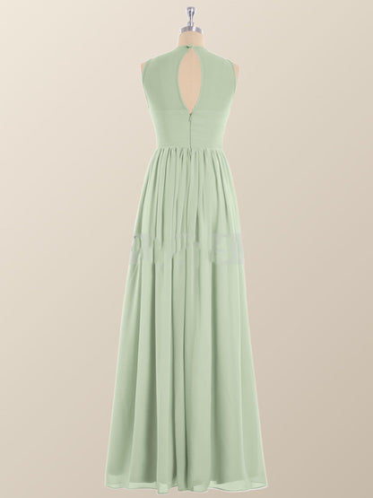 Jewel Neck Sage Green Chiffon Long Bridesmaid Dress