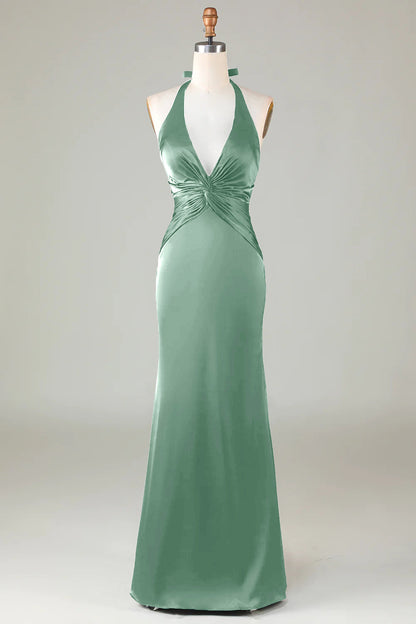 Dusty Sage Satin Sheath Halter Long Bridesmaid Dress