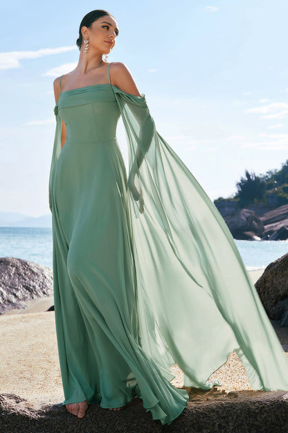 Dusty Blue Cold Shoulder A-Line Long Bridesmaid Dress with Detachable Sleeves