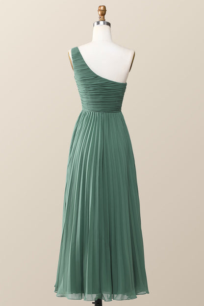 One Shoulder Eucalyptus Chiffon Long Bridesmaid Dress