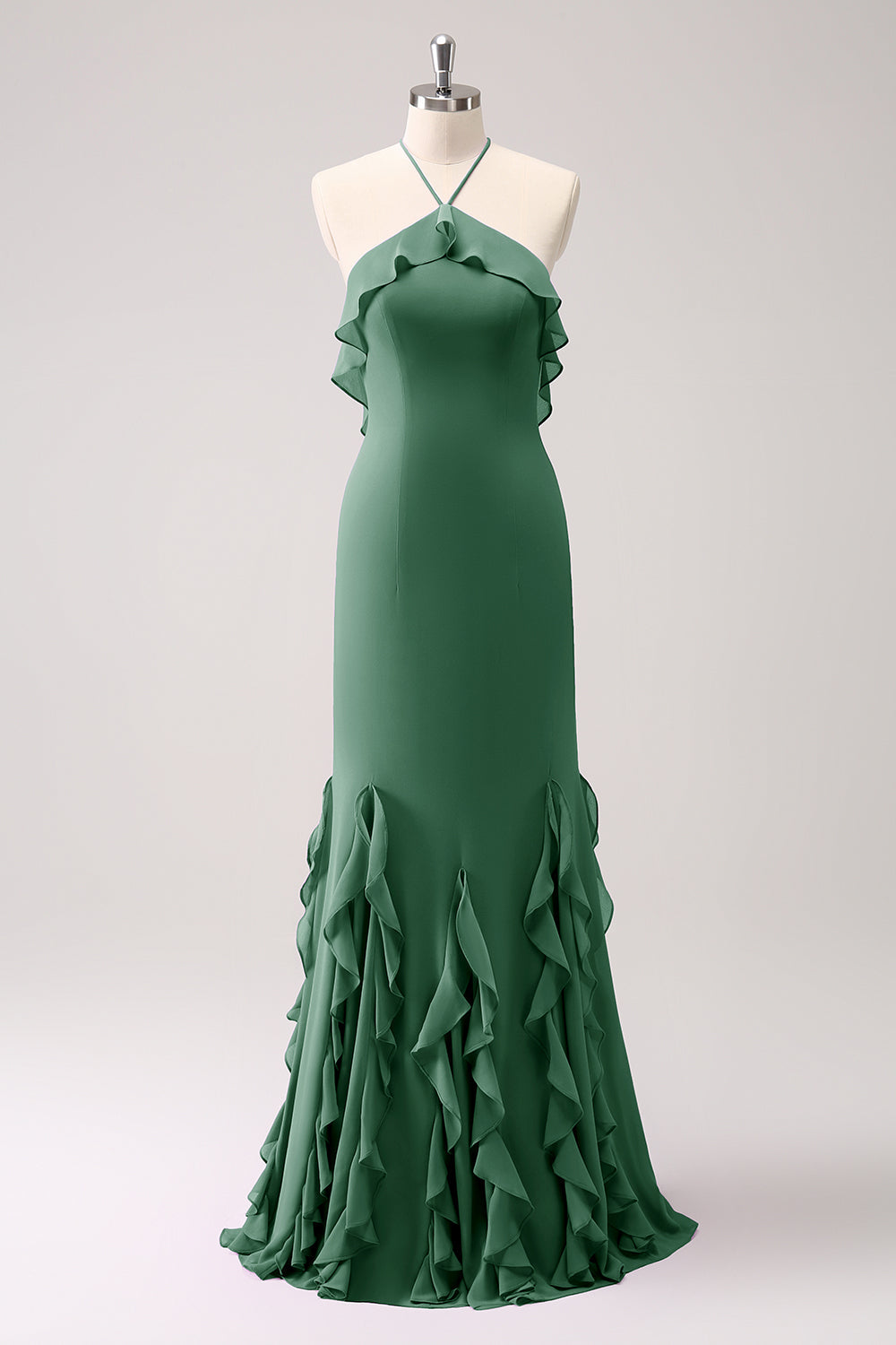 Tahiti Mermaid Halter Chiffon Long Bridesmaid Dress with Ruffles