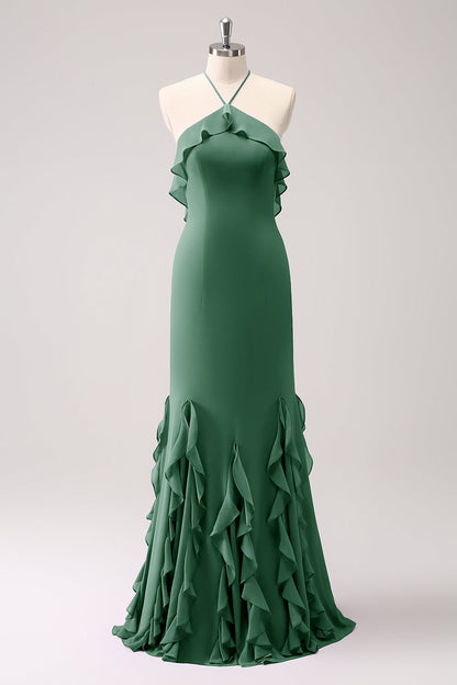 Tahiti Mermaid Halter Chiffon Long Bridesmaid Dress with Ruffles