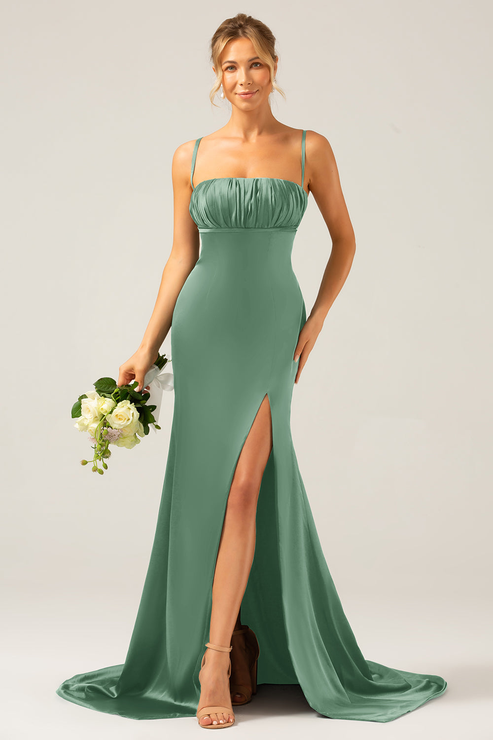 Dark Green Mermaid Spaghetti Straps Satin Long Bridesmaid Dress with Pleated