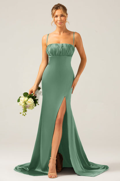 Dark Green Mermaid Spaghetti Straps Satin Long Bridesmaid Dress with Pleated