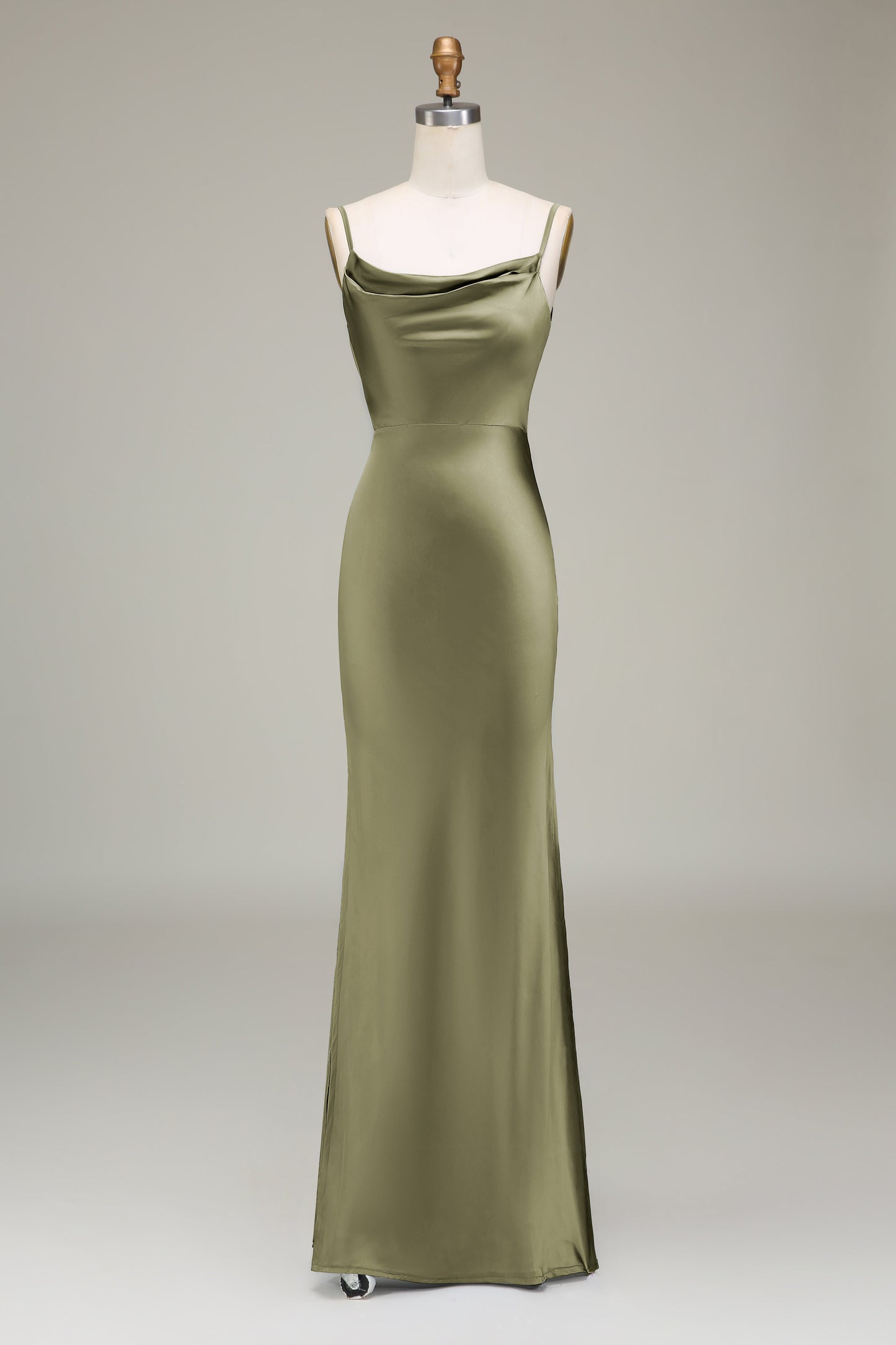 Dusty Blue Sheath Spaghetti Straps Satin Long Bridesmaid Dress