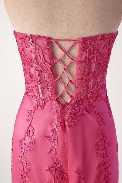 Hot Pink Lace Appliques Mermaid Long Formal Gown