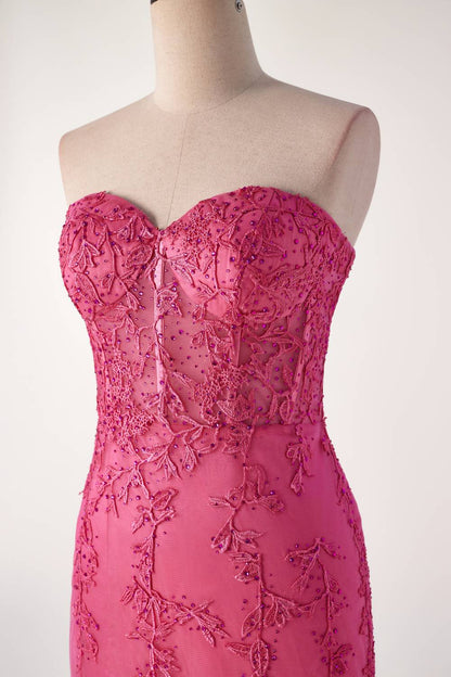 Hot Pink Lace Appliques Mermaid Long Formal Gown