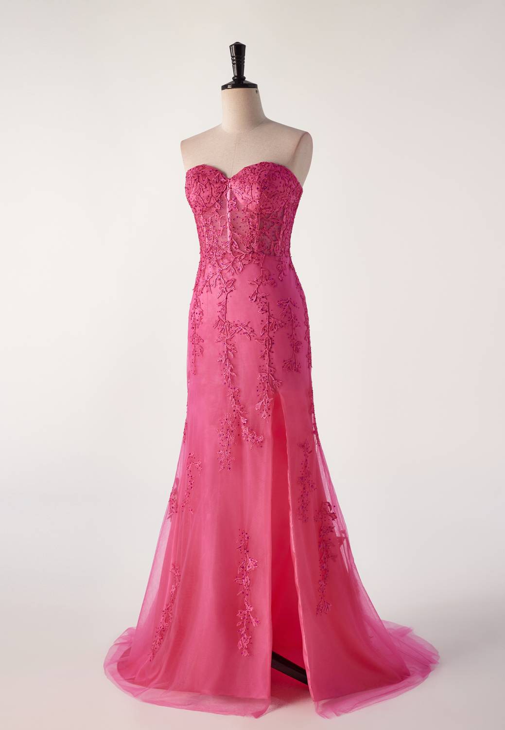 Hot Pink Lace Appliques Mermaid Long Formal Gown