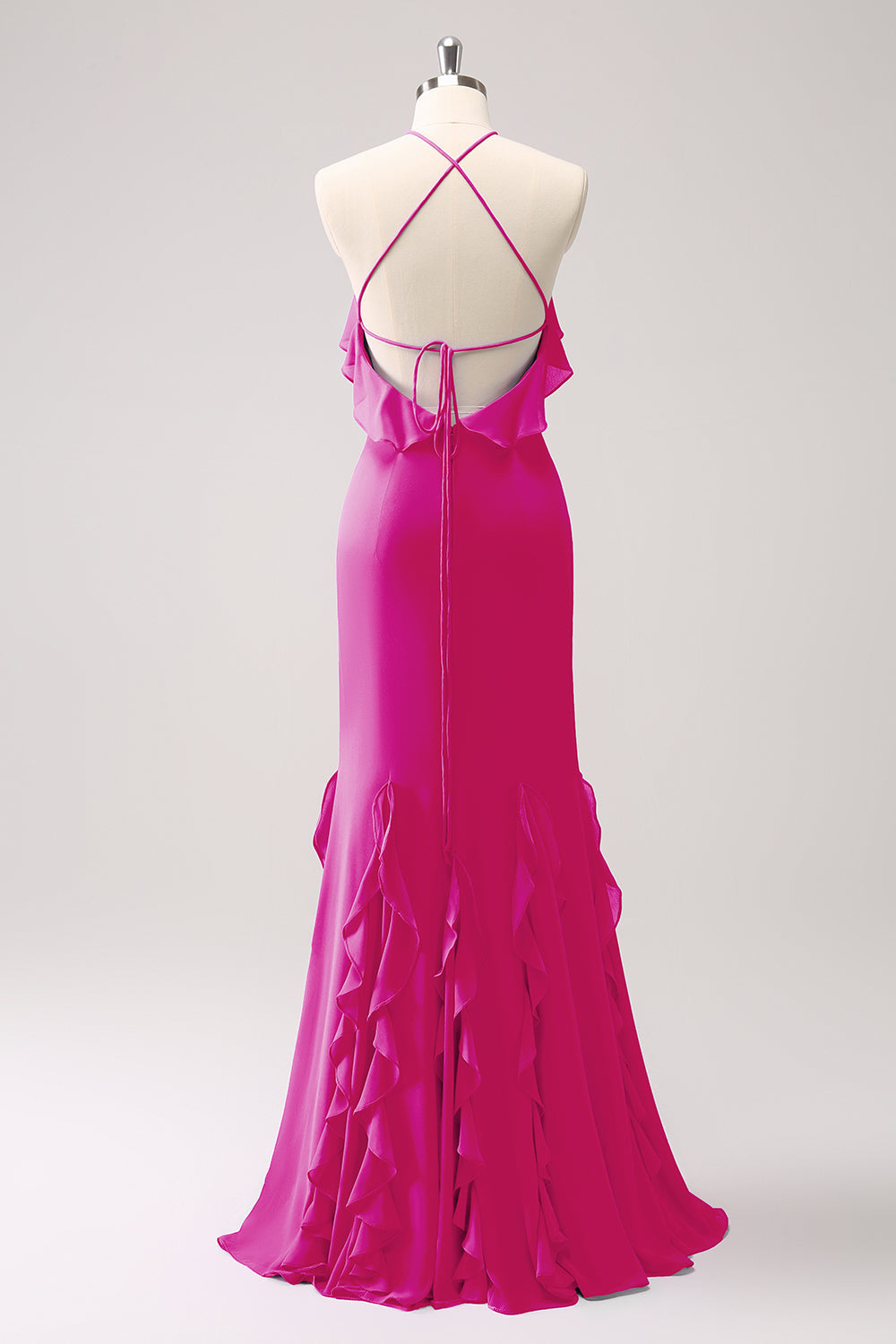 Tahiti Mermaid Halter Chiffon Long Bridesmaid Dress with Ruffles