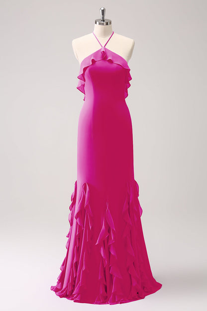 Tahiti Mermaid Halter Chiffon Long Bridesmaid Dress with Ruffles