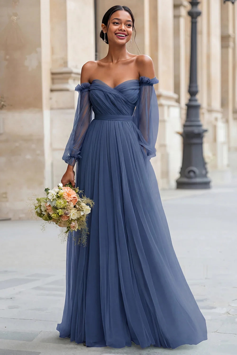Eucalyptus Off the Shoulder Tulle A-Line Long Bridesmaid Dress with Sleeves
