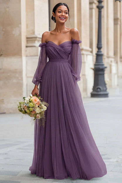 Eucalyptus Off the Shoulder Tulle A-Line Long Bridesmaid Dress with Sleeves