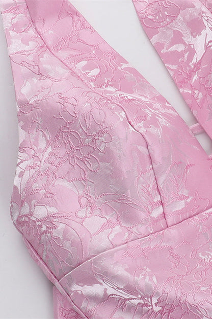 Halter Pink Plunge Short A-line Bow Dress