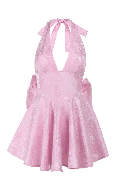 Halter Pink Plunge Short A-line Bow Dress
