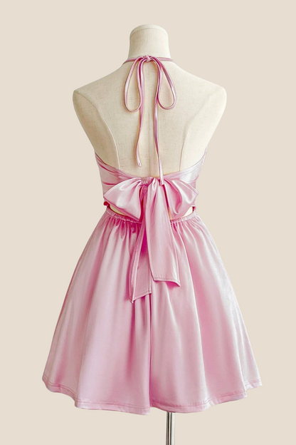 Halter Pink Back Tie A-line Short Dress