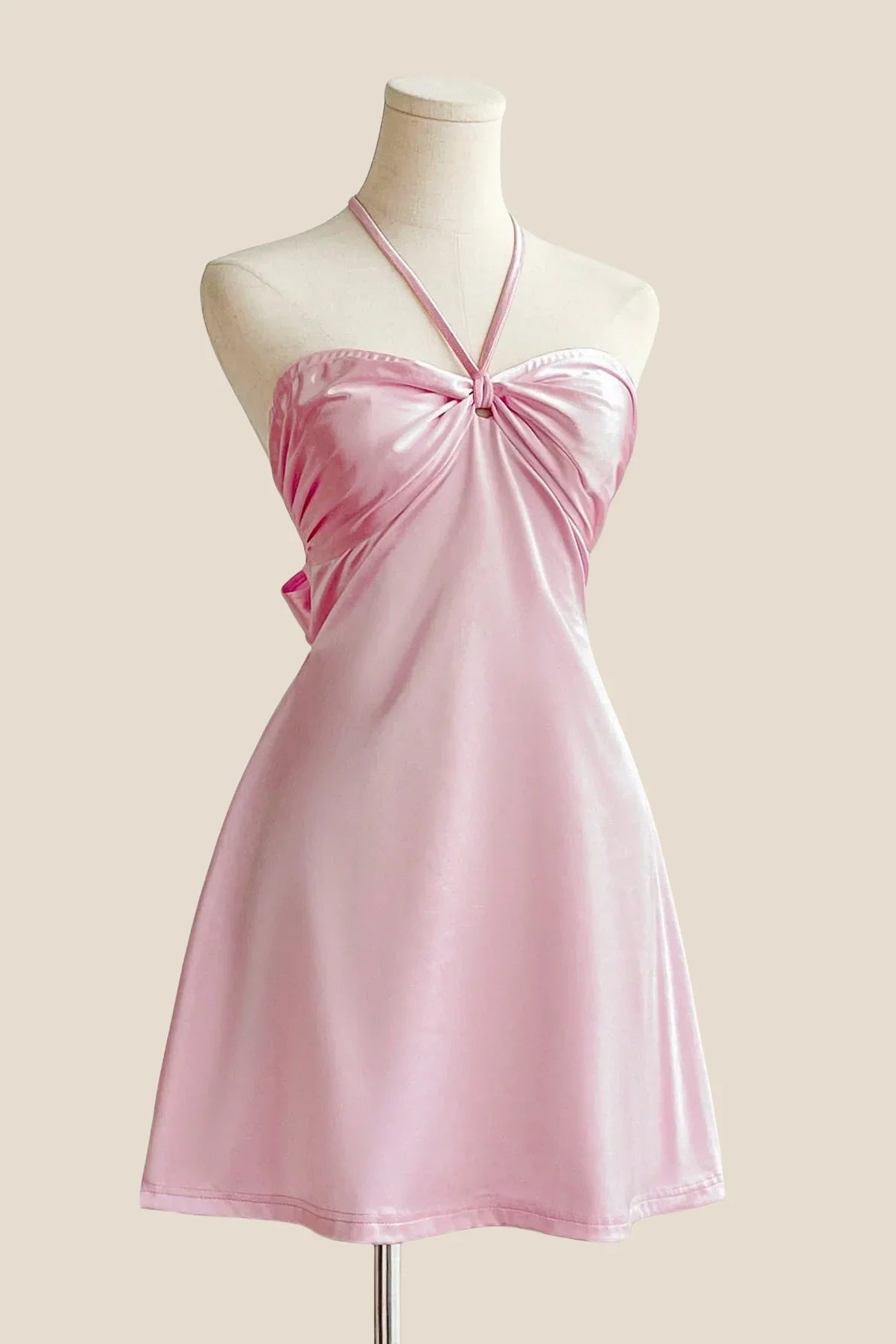 Halter Pink Back Tie A-line Short Dress
