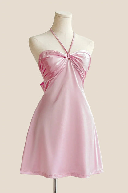 Halter Pink Back Tie A-line Short Dress