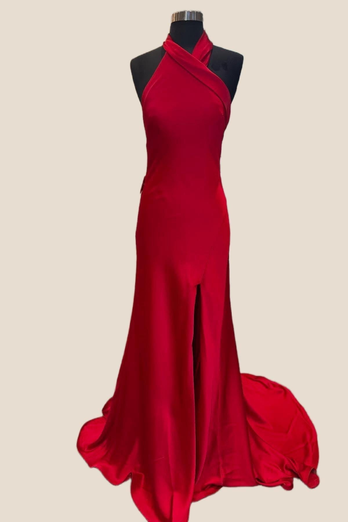 Halter Red Open Back Long Dress with Slit