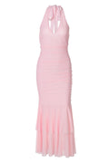 Halter Pink Ruched Tiered Long Dress