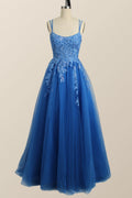 Blue Appliques A-line Tulle Long Dress
