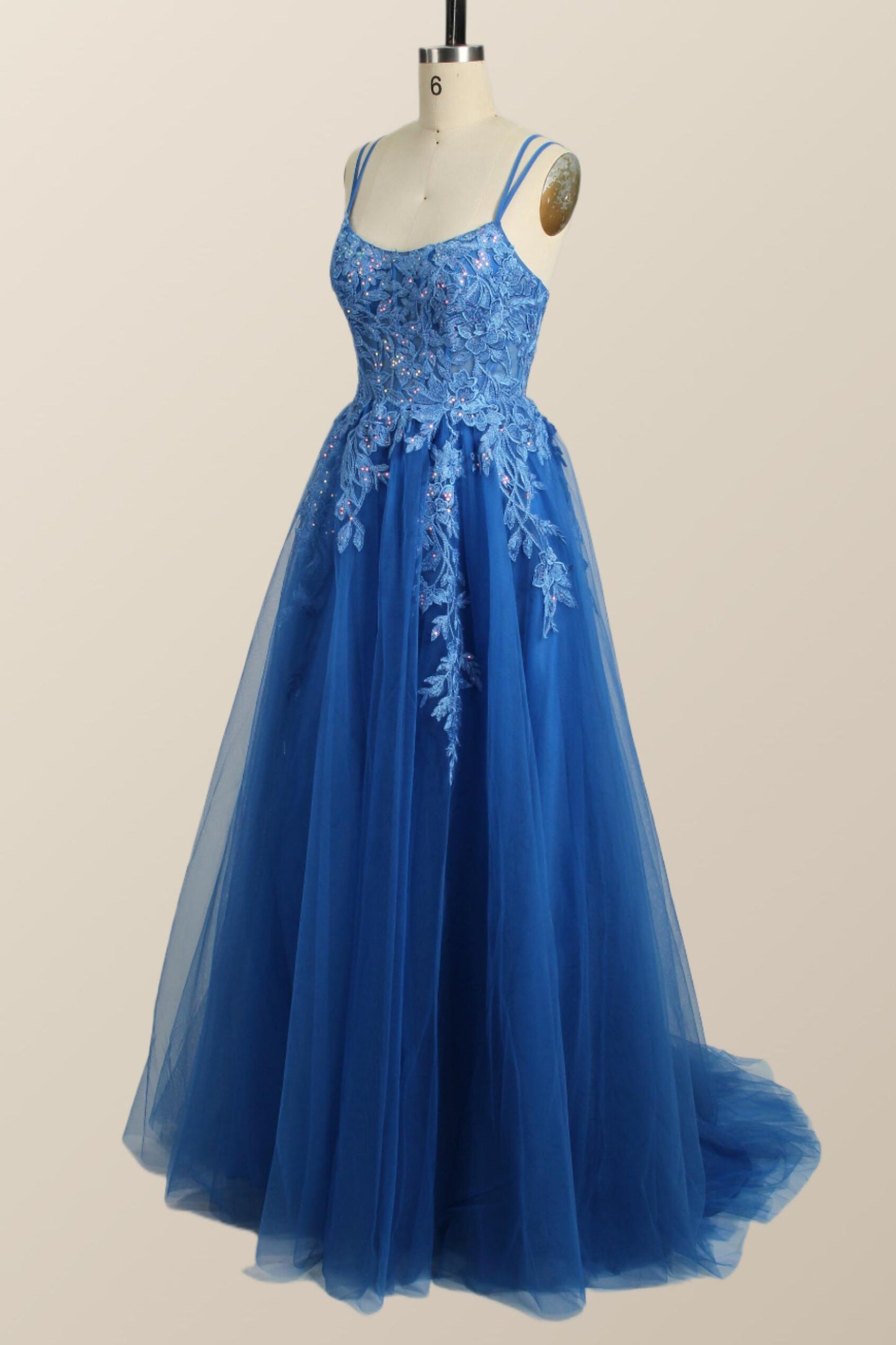 Blue Appliques A-line Tulle Long Dress