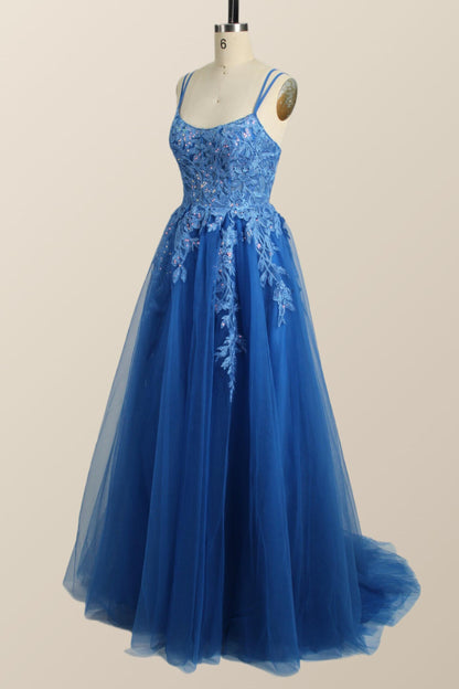 Blue Appliques A-line Tulle Long Dress