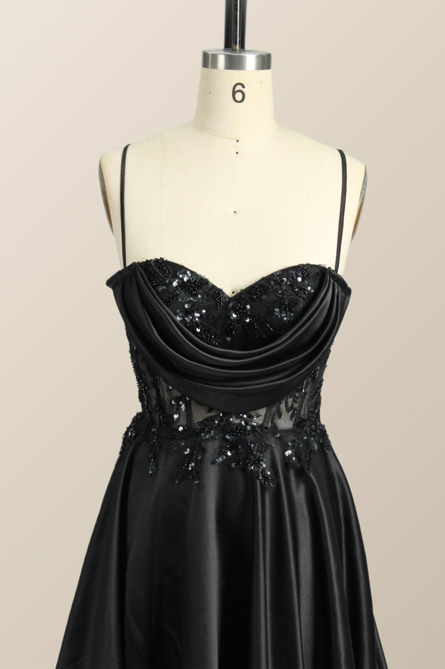 Beaded Black Satin A-line Prom Dress